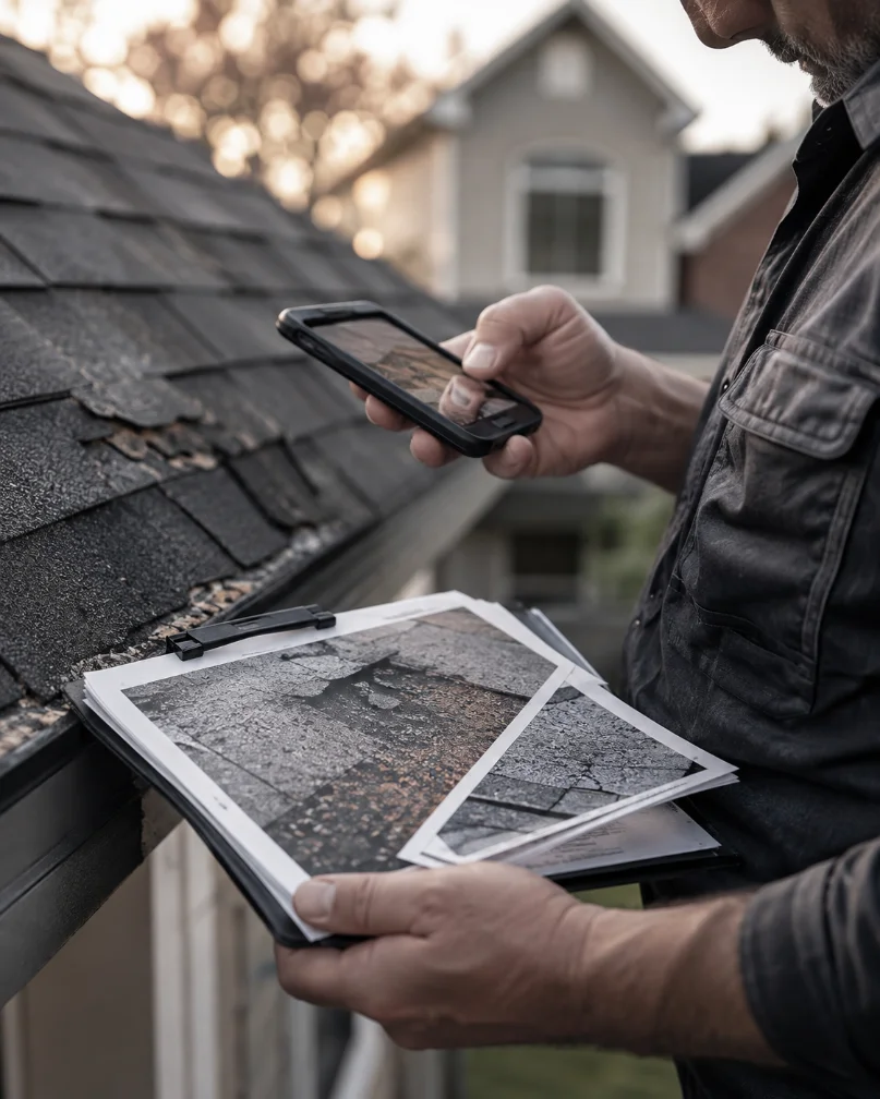 Roofing inspector photographing and documenting damaged shingles