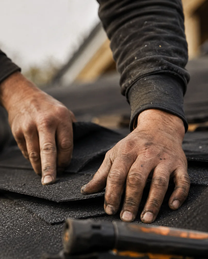 Roofer installing shingles by hand on a residential roof