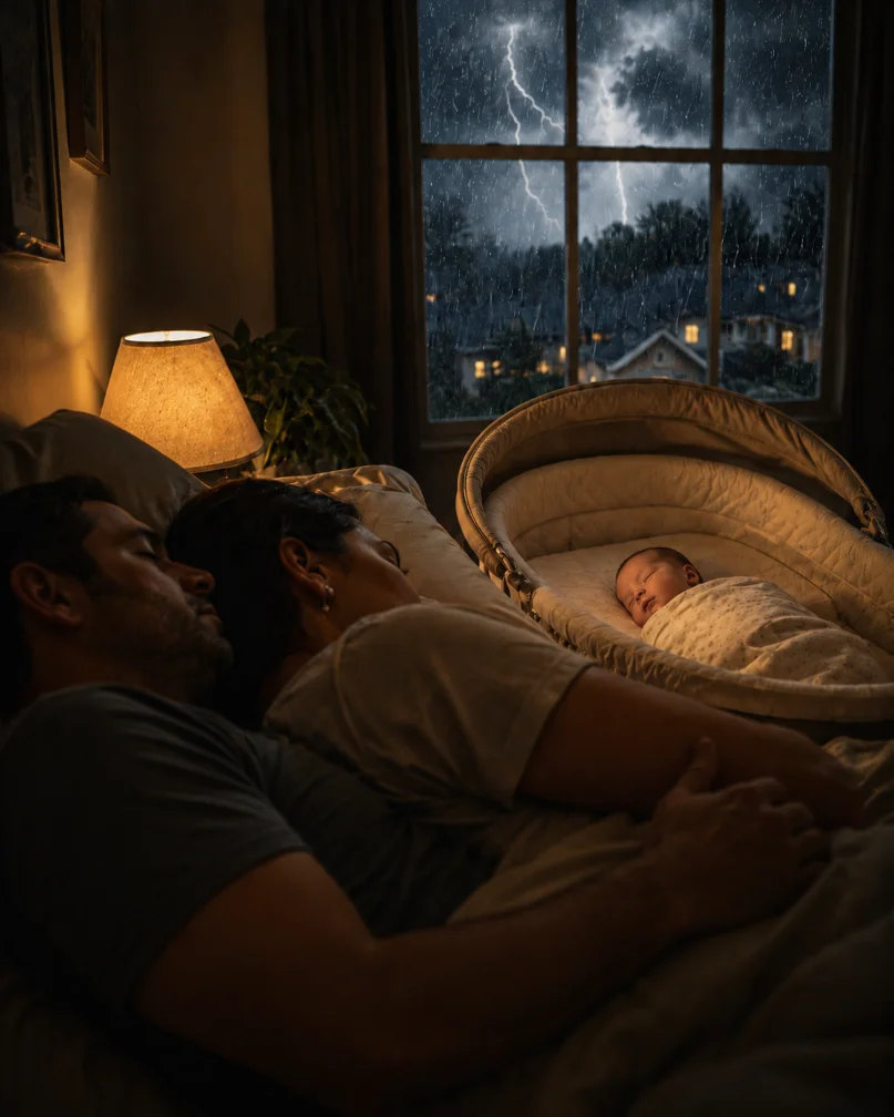 A family sleeping safely indoors while a thunderstorm passes outside