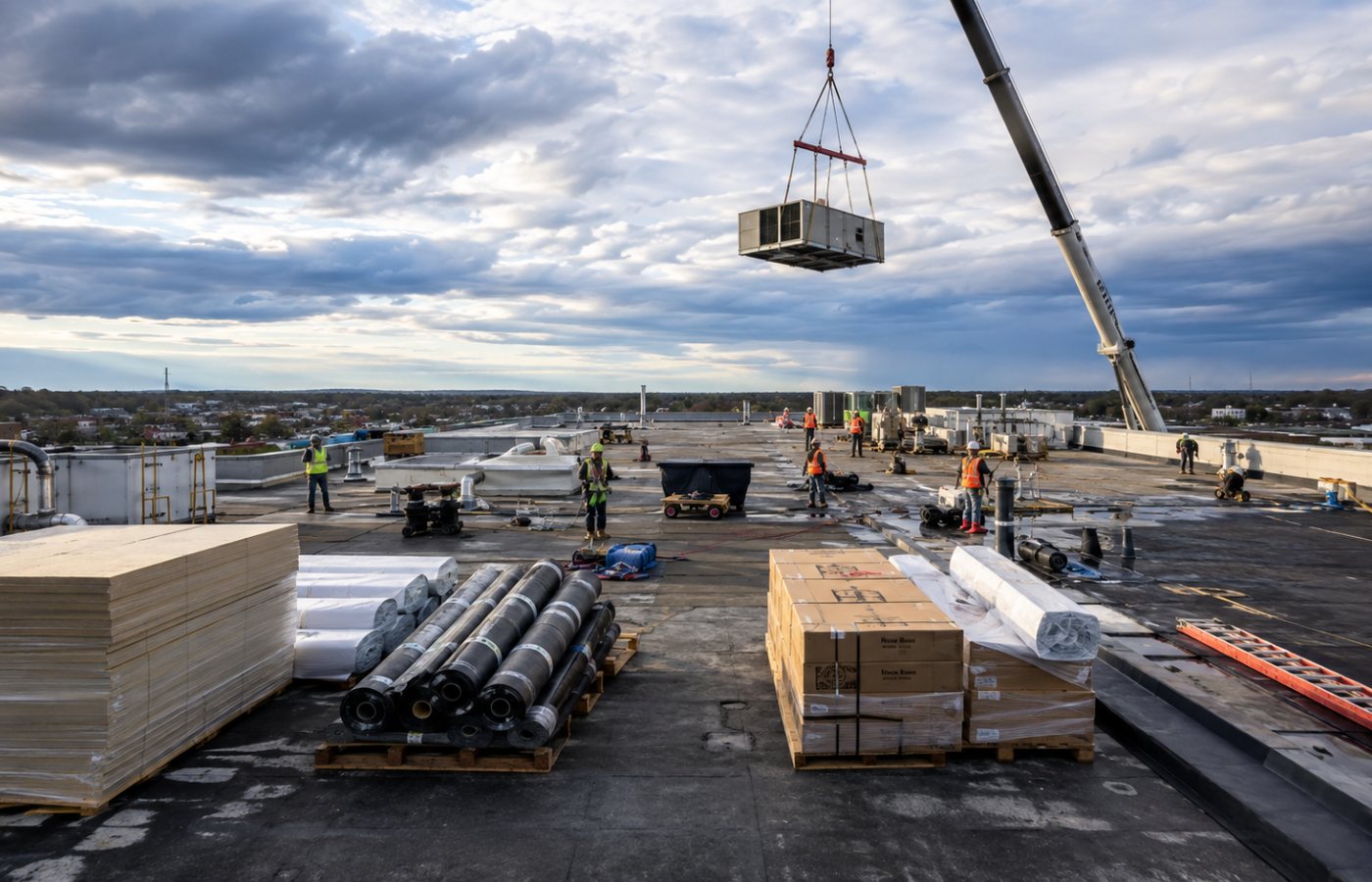 Commercial low-slope roof replacement in progress — membrane rolls, insulation board and a rooftop unit being craned into place