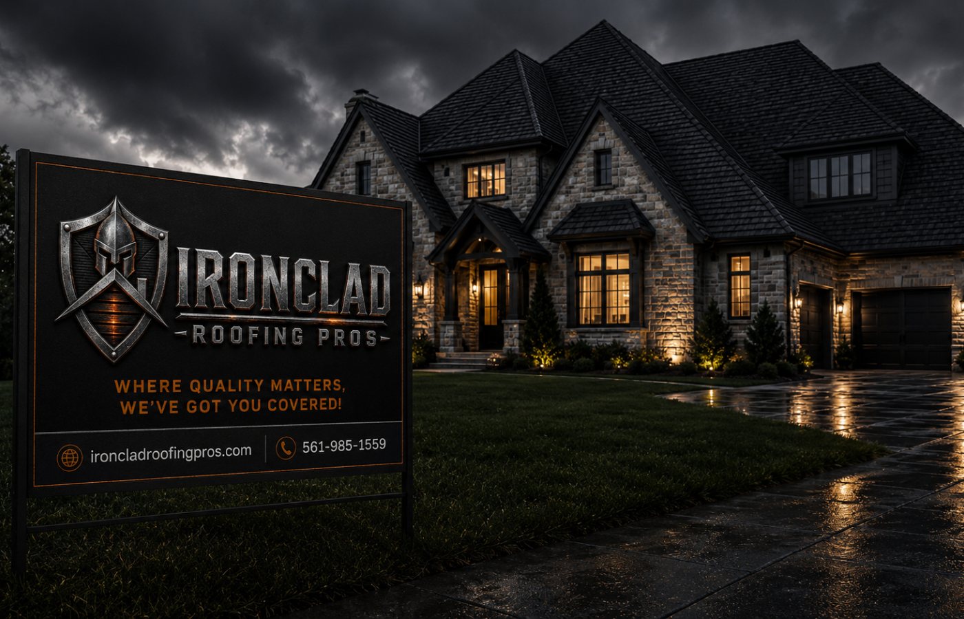 Ironclad Roofing Pro's yard sign on the lawn of a Charlotte, NC stone home with a new dark shingle roof at dusk