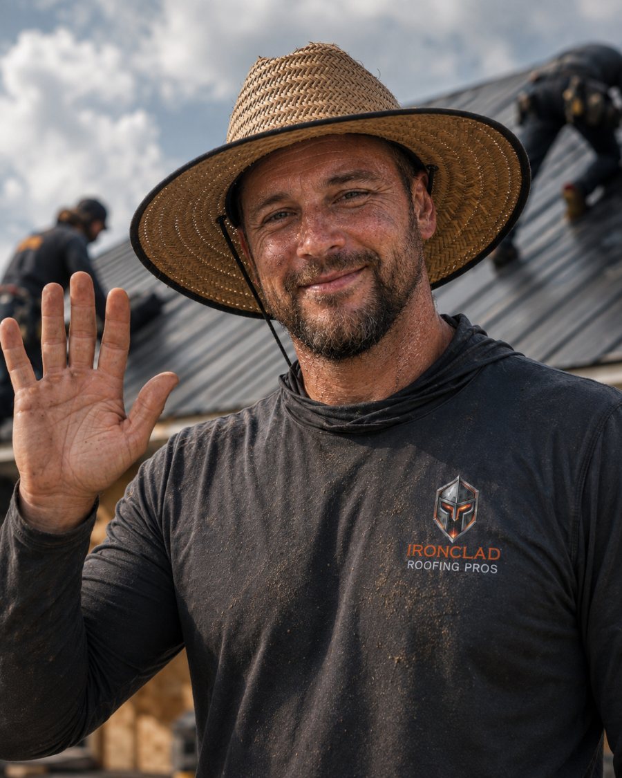 Ironclad roofer in a straw sun hat and company shirt, crew working the roof behind him