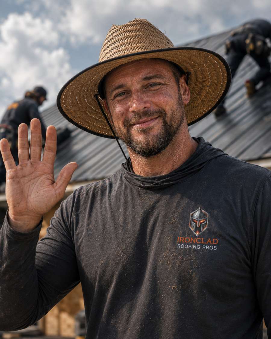 Ironclad roofer in a straw sun hat and company shirt, crew working the roof behind him