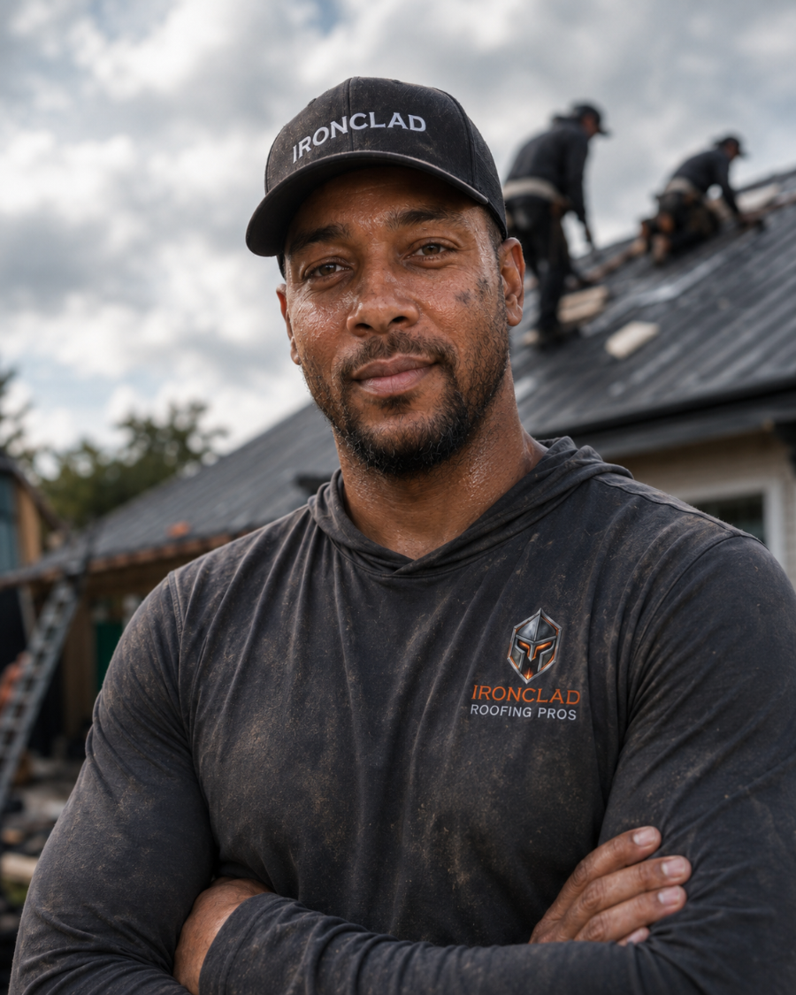Ironclad crew lead in a company cap, arms crossed, tear-off underway behind him