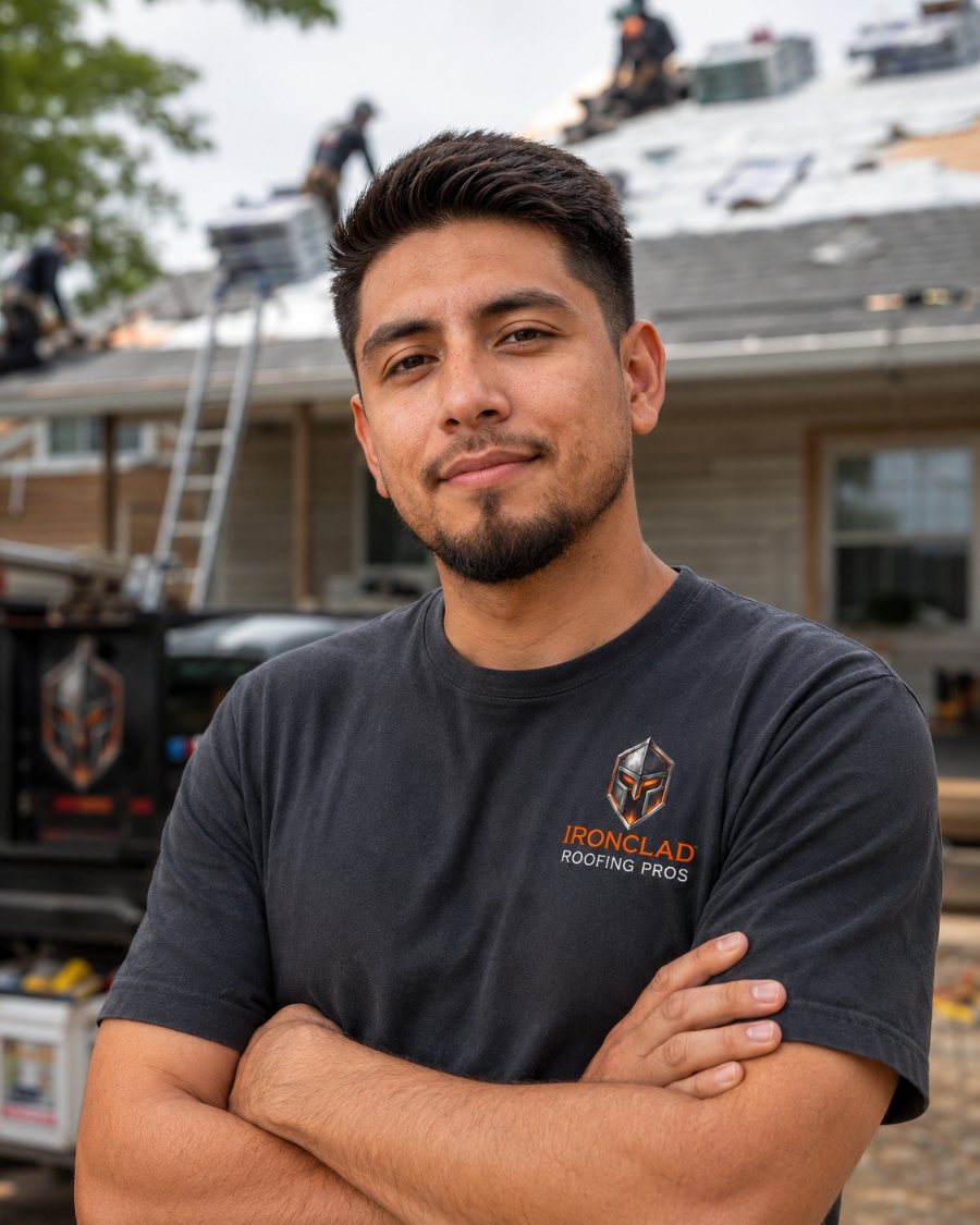 Ironclad roofer in a company tee, materials being loaded to the roof behind him