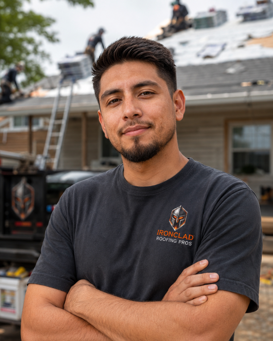 Ironclad roofer in a company tee, materials being loaded to the roof behind him