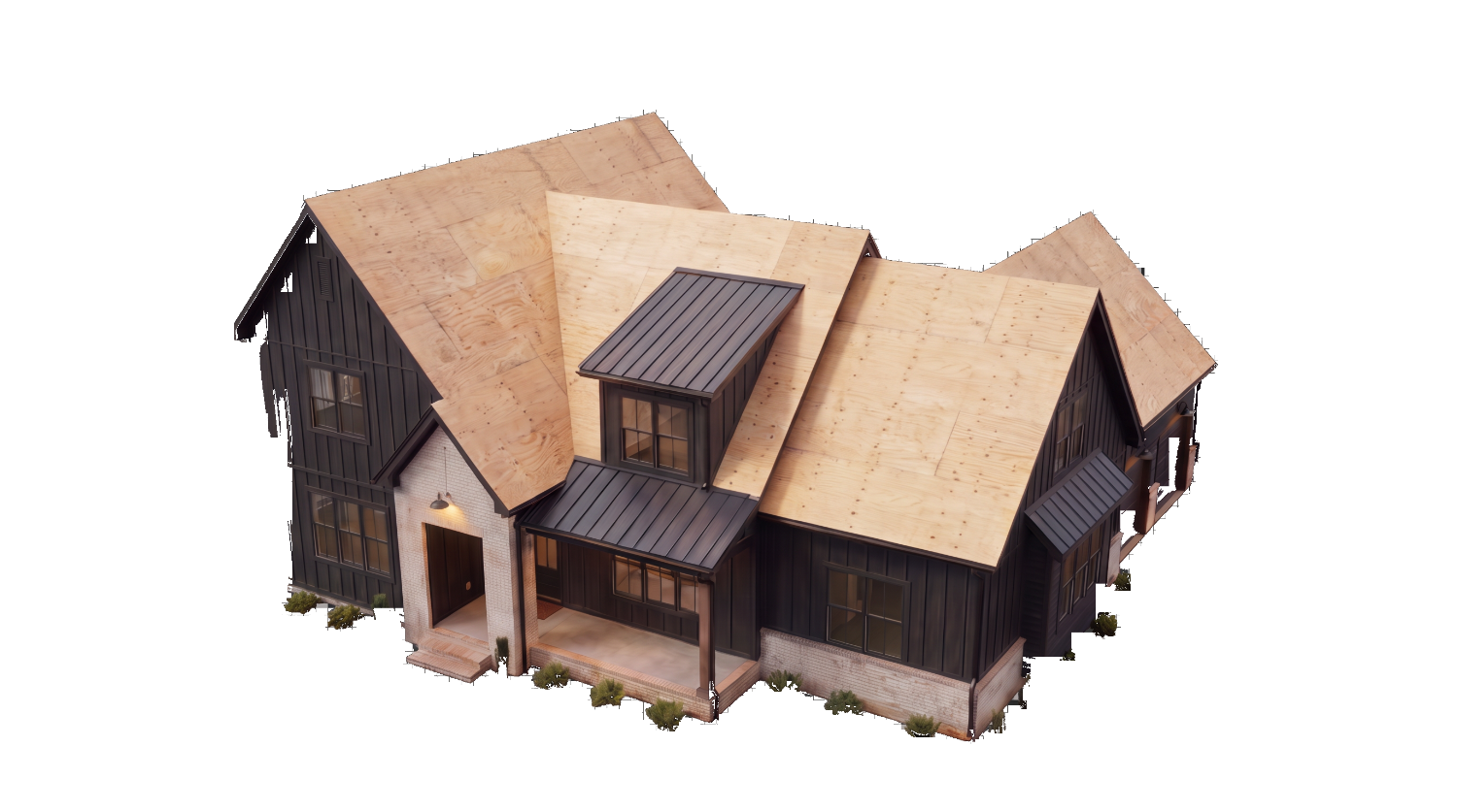Bare plywood roof deck exposed after tear-off
