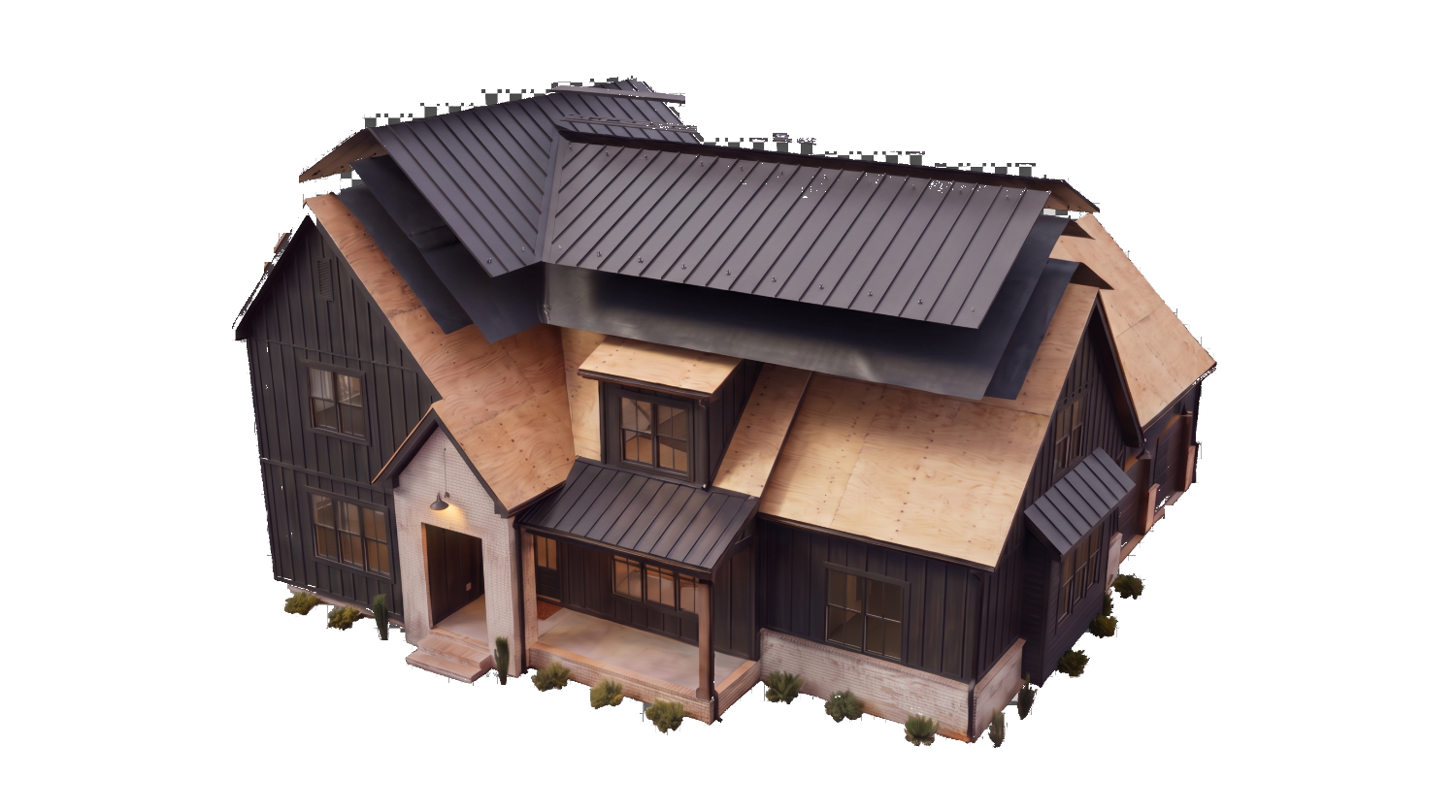 Metal roof panels being set over underlayment