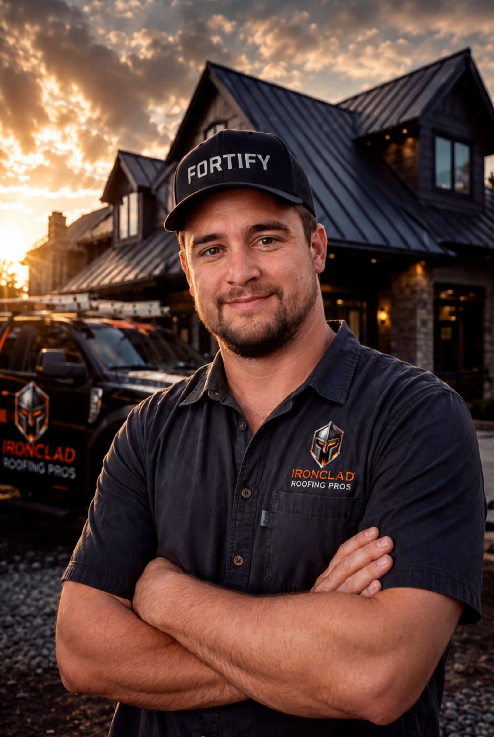 Greg, founder of Ironclad Roofing Pro's, in a FORTIFY cap in front of a black modern-farmhouse home and company truck at sunset in Charlotte, NC