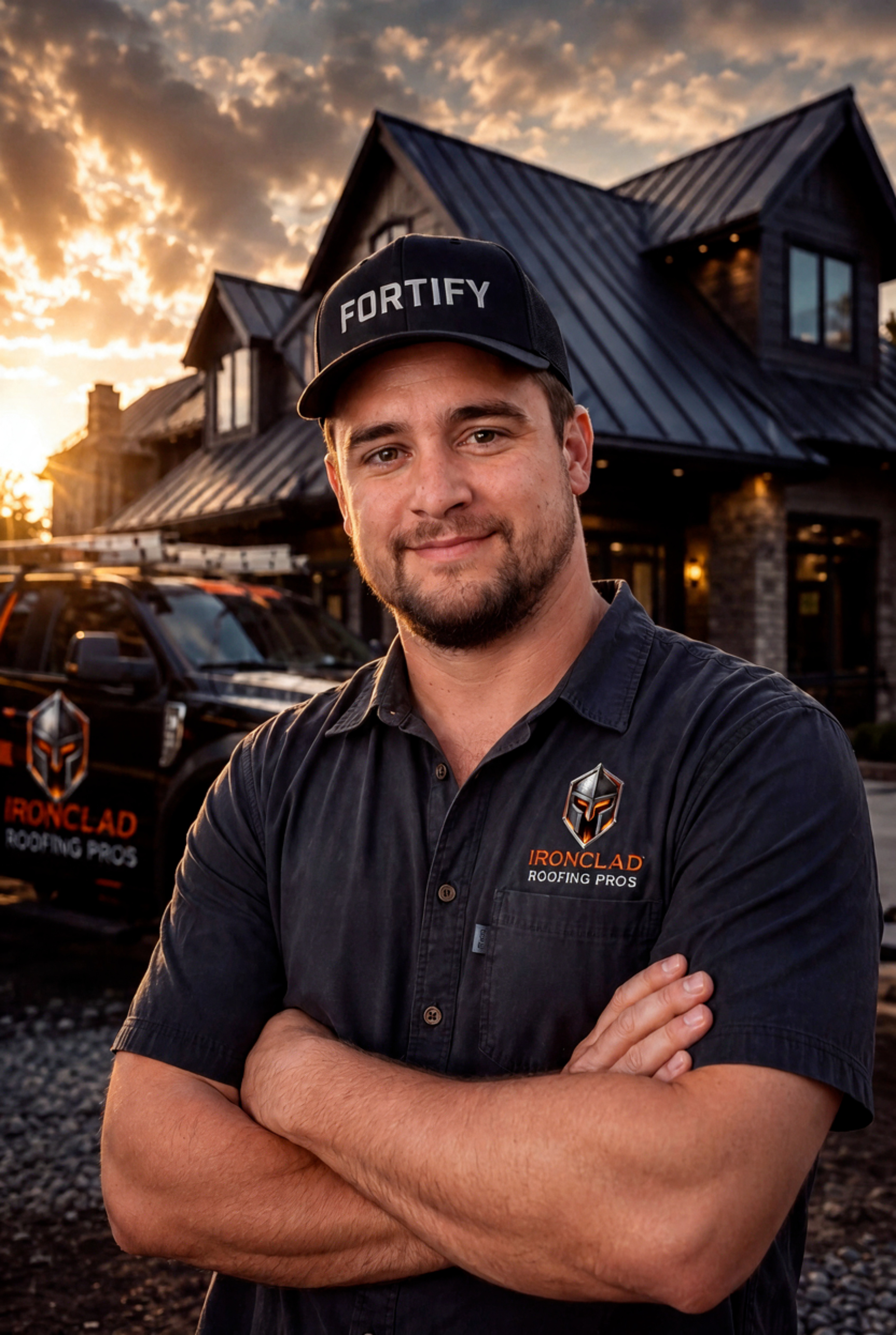 Greg, owner of Ironclad Roofing Pro's, in a FORTIFY cap in front of a black modern-farmhouse home and company truck at sunset
