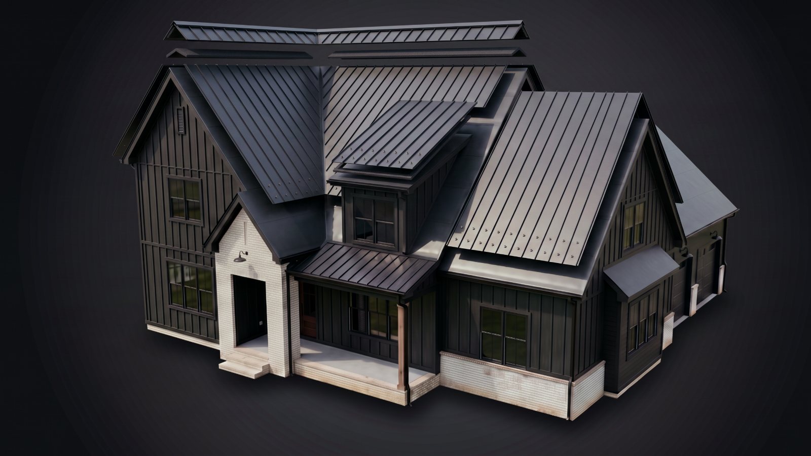 Standing-seam metal panels being set over underlayment