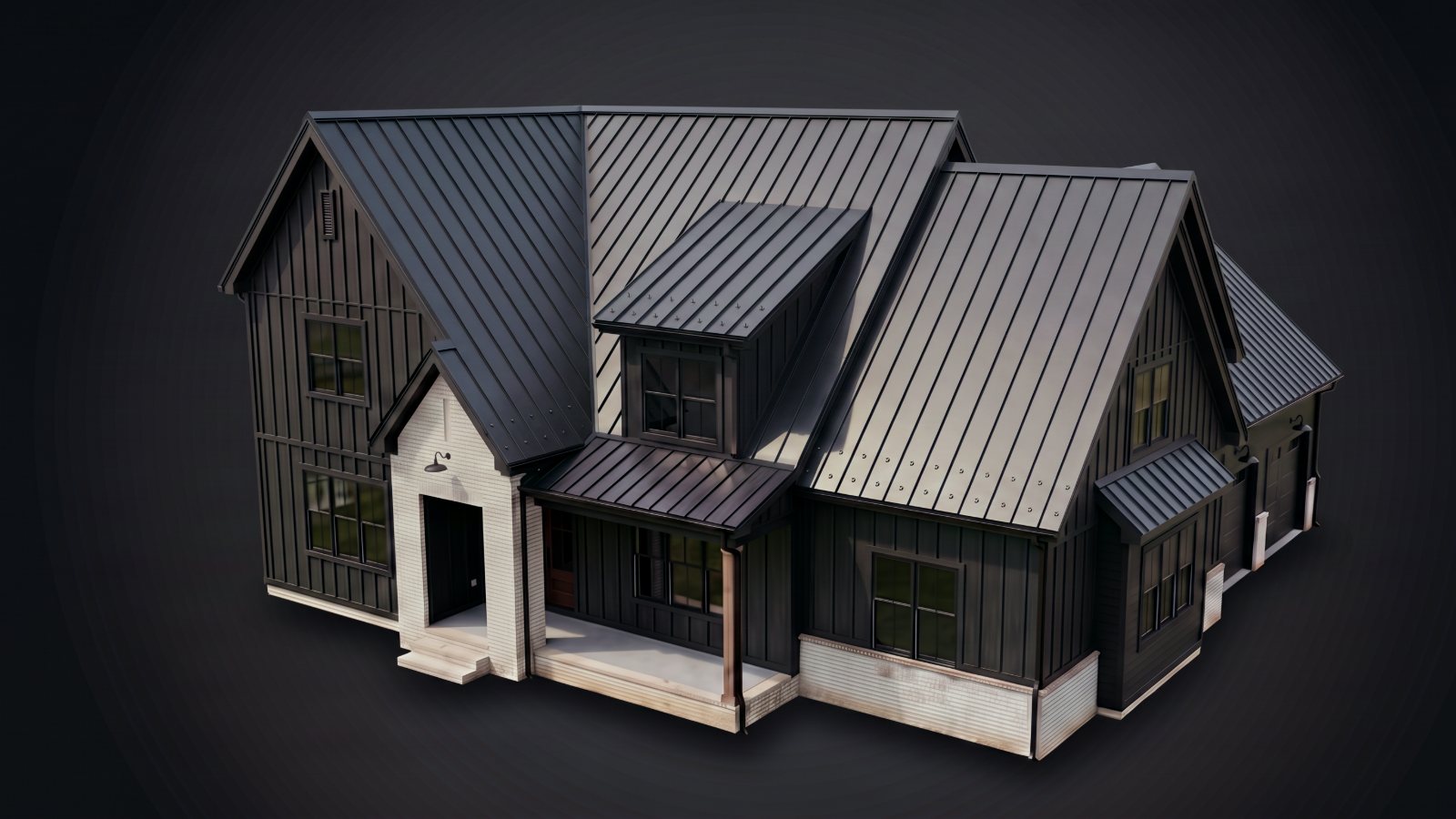 Completed standing-seam metal roof with ridge and trim finished